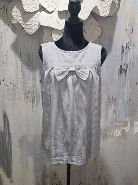 LOFT Sleeveless Pinstripe Tunic with Front Bow Blouse- White & Gray